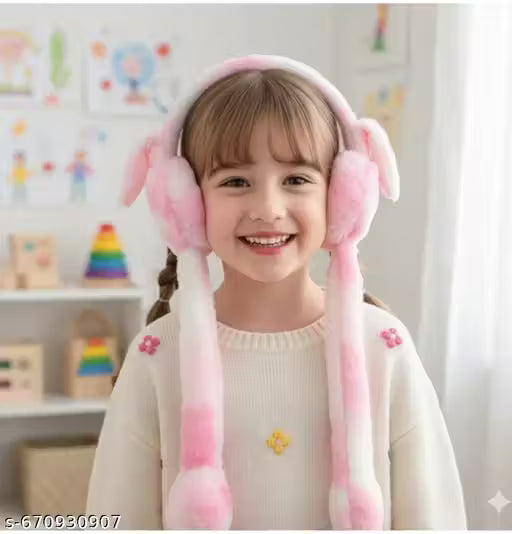 Kids Plush Bunny Ear Muffs Winter Ear Warmer | Soft Fur Cartoon Rabbit Earmuffs with Long Hanging Straps for Girls & Kids | Multicolor Pink