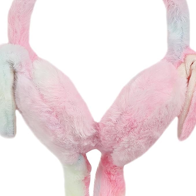 Kids Plush Bunny Ear Muffs Winter Ear Warmer | Soft Fur Cartoon Rabbit Earmuffs with Long Hanging Straps for Girls & Kids | Multicolor Pink