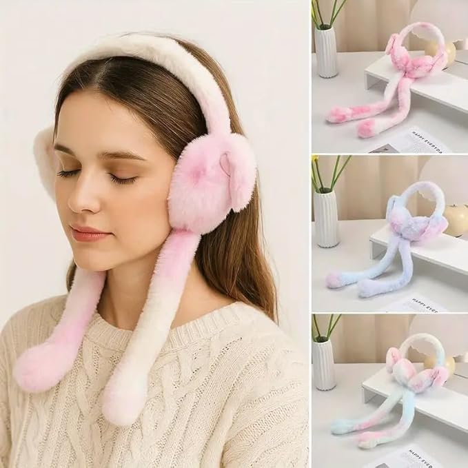 Kids Plush Bunny Ear Muffs Winter Ear Warmer | Soft Fur Cartoon Rabbit Earmuffs with Long Hanging Straps for Girls & Kids | Multicolor Pink