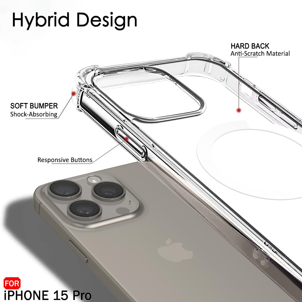 Magnetic Clear Case for Apple Iphone 15 Pro Max | MagSafe Compatible Transparent Shockproof TPU Back Cover | Wireless Charging Support | Scratch & Drop Protection | Transparent