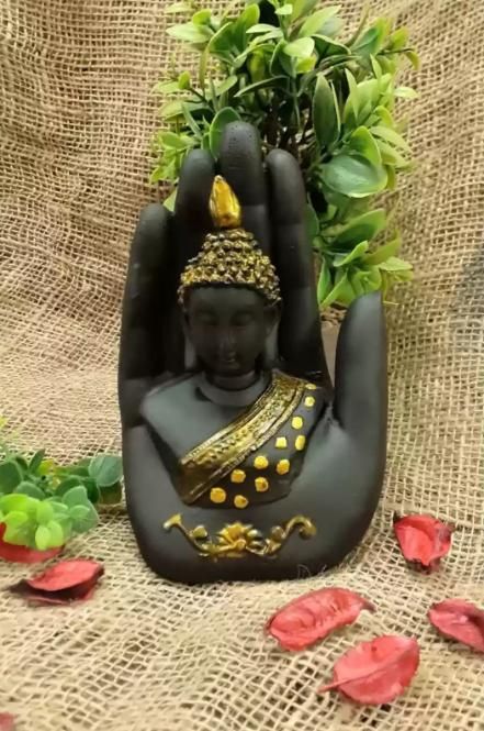 Black-Golden Handcrafted Meditating Palm Buddha Idol i6r2ja-hp