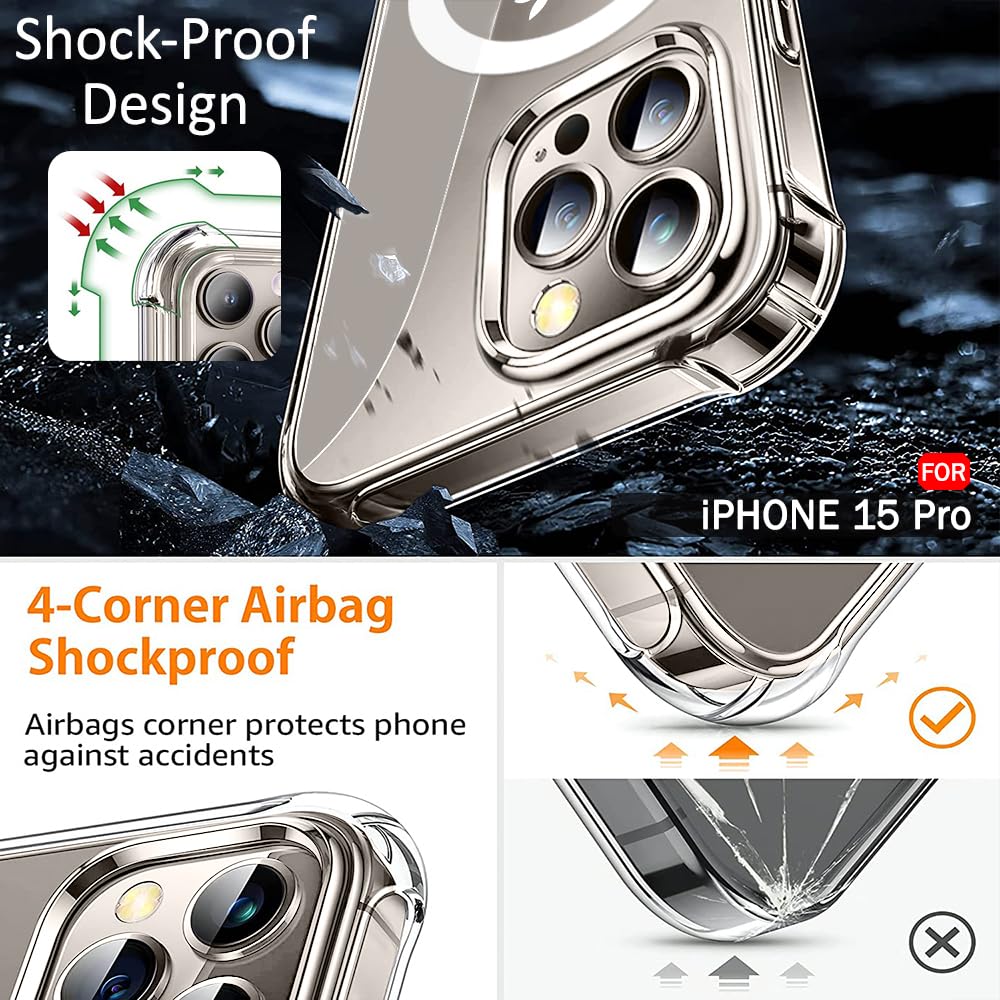 Magnetic Clear Case for Apple Iphone 15 Pro Max | MagSafe Compatible Transparent Shockproof TPU Back Cover | Wireless Charging Support | Scratch & Drop Protection | Transparent