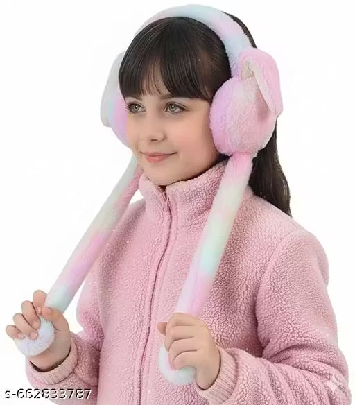 Kids Plush Bunny Ear Muffs Winter Ear Warmer | Soft Fur Cartoon Rabbit Earmuffs with Long Hanging Straps for Girls & Kids | Multicolor Pink