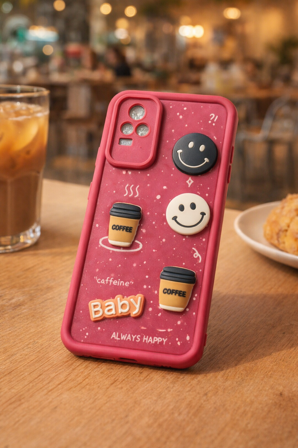 V20 MODAL BACK COVER OR CASE Cute Coffee Smiley Cartoon Soft Back Cover for Smartphone – Pink | Shockproof | Camera Protection