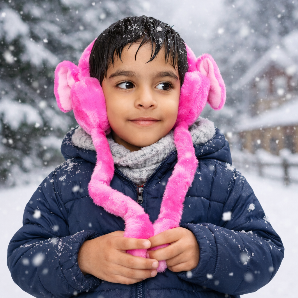 Kids Plush Bunny Ear Muffs Winter Ear Warmer | Soft Fur Cartoon Rabbit Earmuffs with Long Hanging Straps for Girls & Kids | Multicolor Pink