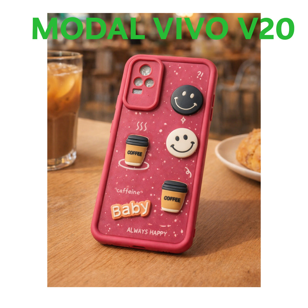 V20 MODAL BACK COVER OR CASE Cute Coffee Smiley Cartoon Soft Back Cover for Smartphone – Pink | Shockproof | Camera Protection