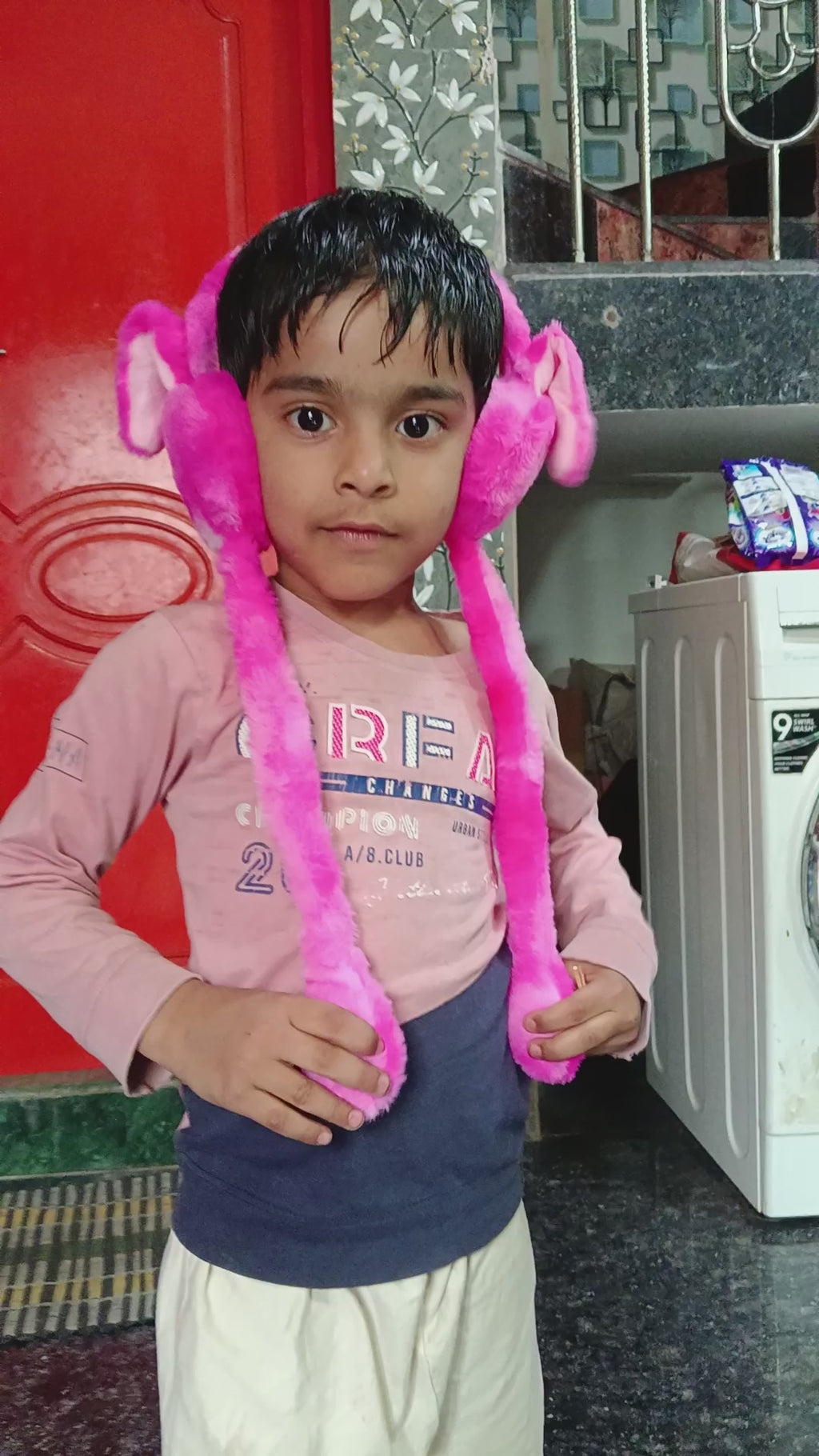 Kids Plush Bunny Ear Muffs Winter Ear Warmer | Soft Fur Cartoon Rabbit Earmuffs with Long Hanging Straps for Girls & Kids | Multicolor Pink